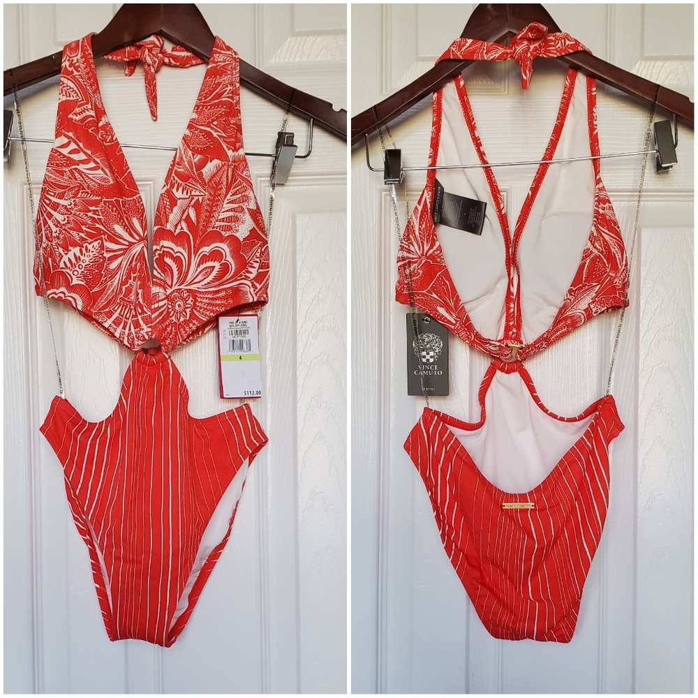 Vince Camuto Floral Paisley Cutout Stripe One piece red swimsuit